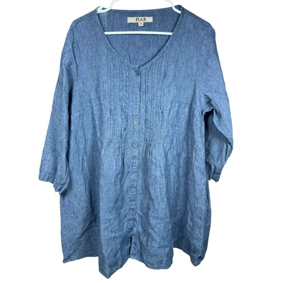 FLAX Tops - Flax (S) Linen Top Oversized Blue Pleated Tunic Dress Button Shirt W/Pockets
